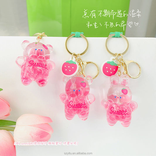 Kawaii Boba Bear and Bunny Liquid Keychains with Strawberry Charm