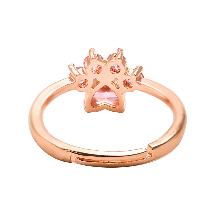 Adjustable Pink Gem Paw Print Ring (Silver or Rose Gold)