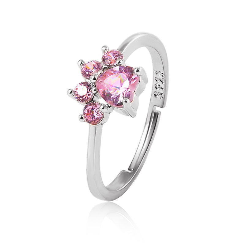 Adjustable Pink Gem Paw Print Ring (Silver or Rose Gold)
