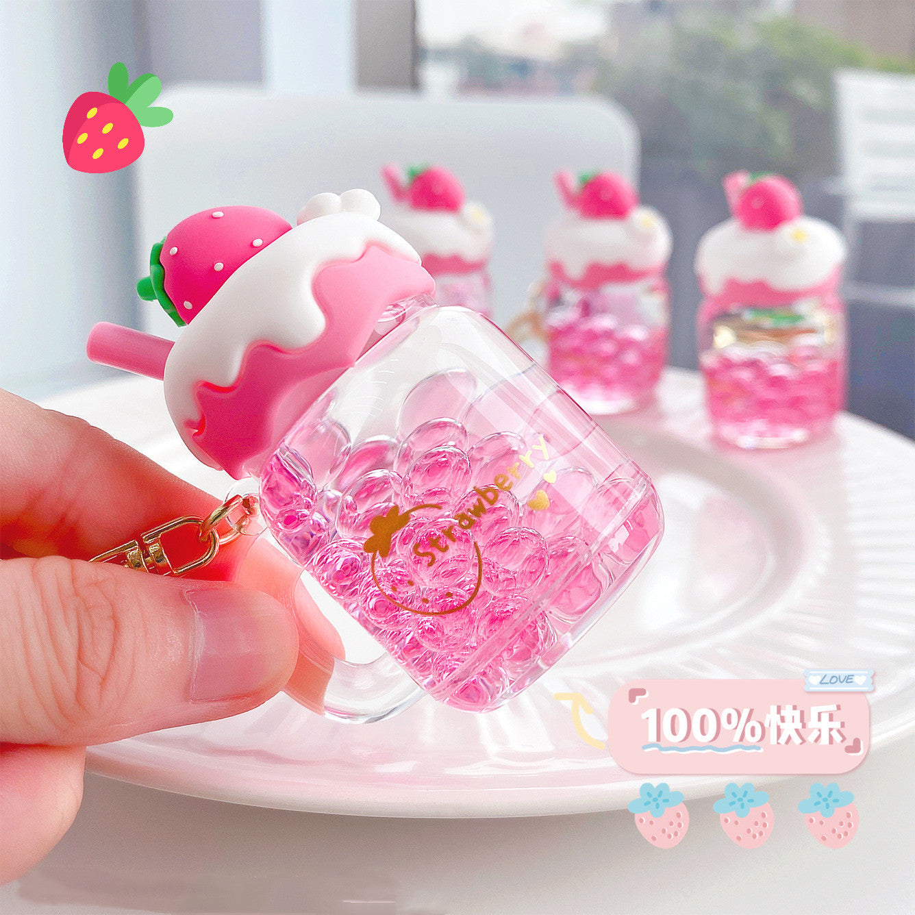 Kawaii Strawberry Boba Cup Keychain