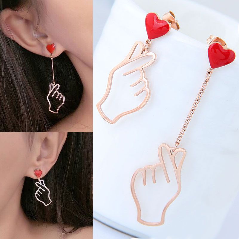 Korean Finger Heart Asymmetrical Earrings