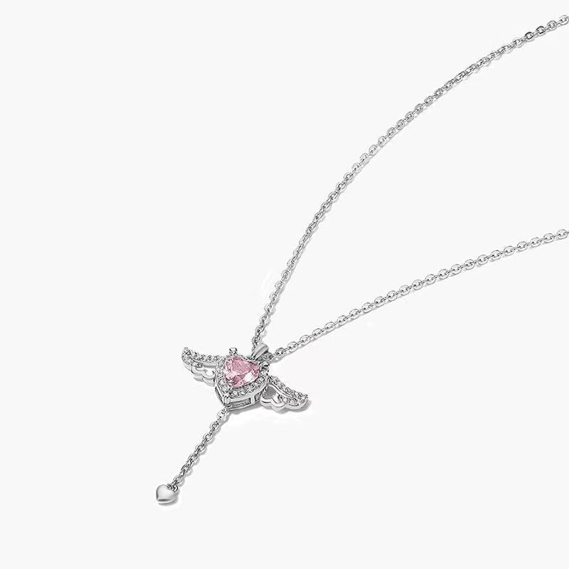 Pink Gem Heart Necklace with Moveable Wings