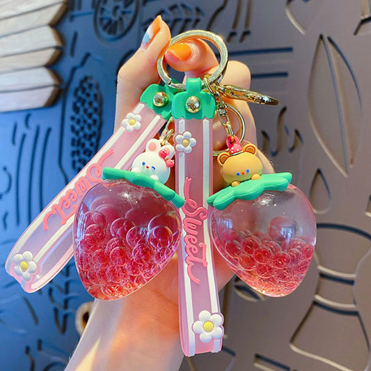 Kawaii Strawberry Boba Bear and Bunny Liquid Keychains