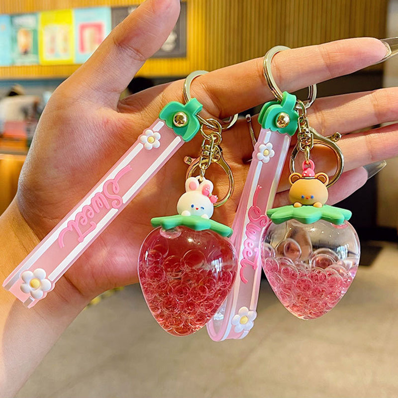 Kawaii Strawberry Boba Bear and Bunny Liquid Keychains