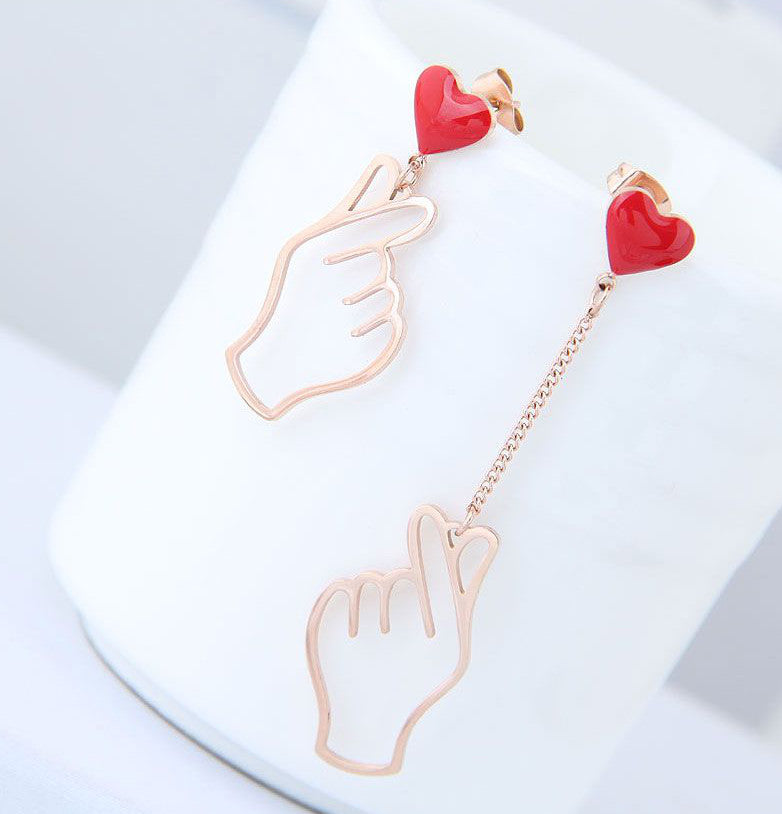 Korean Finger Heart Asymmetrical Earrings